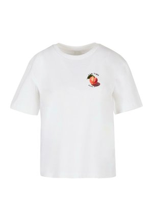 T-shirt in cotone bianco con maniche corte, caratterizzato da una grafica pesca e testo che recita "TAN TIME BORA BORA" in nero e verde.
