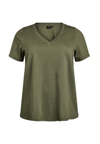 Olijfgroen T-shirt met korte mouwen en een V-hals, gemaakt van zachte stof, met een losse pasvorm en een gebogen zoom.