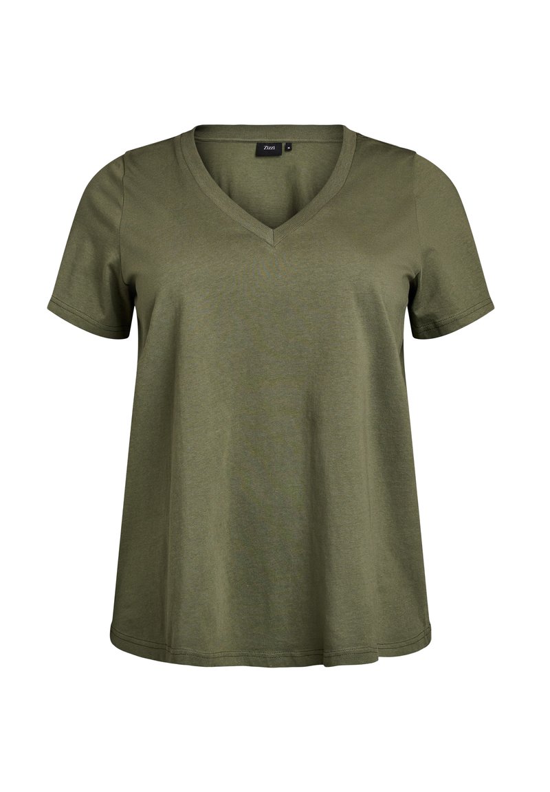 Olijfgroen T-shirt met korte mouwen en een V-hals, gemaakt van zachte stof, met een losse pasvorm en een gebogen zoom.