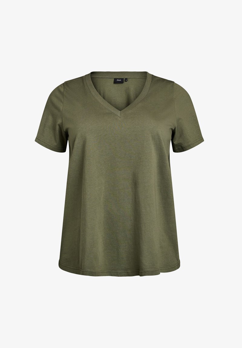 Olijfgroen T-shirt met korte mouwen en een V-hals, gemaakt van zachte stof, met een losse pasvorm en een gebogen zoom.