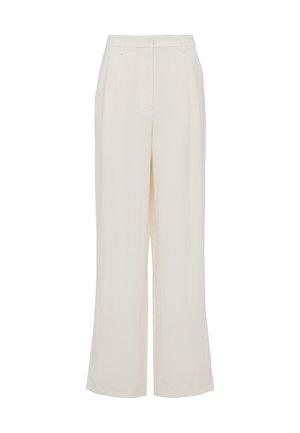 Kremfargede vide bukser med høy midje, beltestropper og folder foran på hvit bakgrunn.