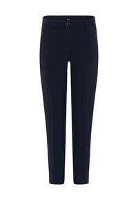 Pantaloni blu navy realizzati in tessuto elasticizzato, con design a gamba dritta, tasche anteriori e un piccolo dettaglio vicino alla vita.