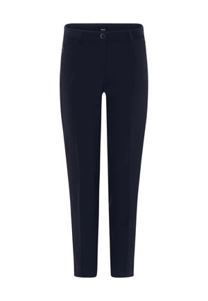 Navy blue pants made from stretch fabric, featuring a straight leg design, front pockets, and a small accent near the waistline.