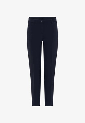 Marineblaue Hosen aus Stretchstoff, mit geradem Bein, seitlichen Taschen und einem kleinen Akzent in der Nähe der Taille.