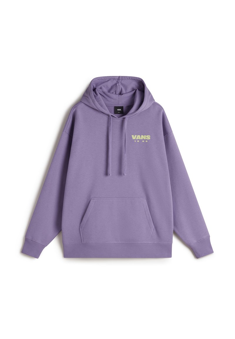 Felpa con cappuccio viola realizzata in morbido tessuto, dotata di tasca a marsupio e logo "VANS 1966" di colore verde chiaro sul petto.