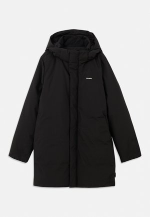 Black puffer jacket with a hood, featuring a front zipper, side pockets, and a subtle logo on the chest. Smooth, matte texture.