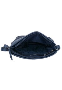 Borsa a mano in pelle blu navy con una superficie liscia, dotata di chiusura con zip, tracolla regolabile e un interno aperto con una tasca a scomparsa.