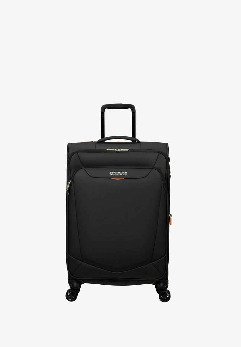 Black wheeled suitcase with a retractable handle, made of durable material, featuring zippered compartments and a streamlined design.