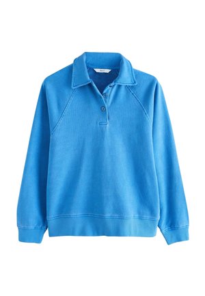 Pull bleu à manches longues avec col boutonné, poignets et ourlet côtelés, et manches raglan, présenté sur fond blanc.