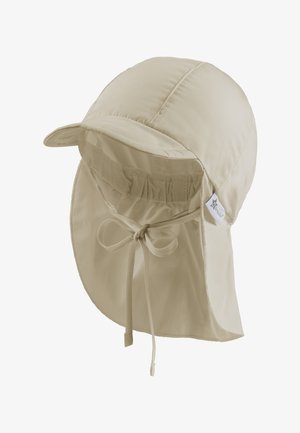 Beige Sonnenhut mit abgerundetem Kopfteil, breitem Schirm und Nackenklappe. Hergestellt aus leichtem Stoff mit verstellbarem Kordelzug hinten.