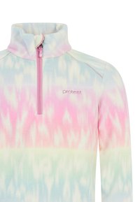 Fleece mikina s polo zipem, s pastelným tie-dye vzorem v růžové, mátové a modré barvě. Vyšívané logo značky na hrudi.