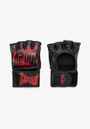 Čierne kožené tréningové rukavice s otvorenými prstami, vybavené červeným logom "TAPOUT" a suchým zipsom na zápästí. Štruktúrovaný povrch pre lepší grip.