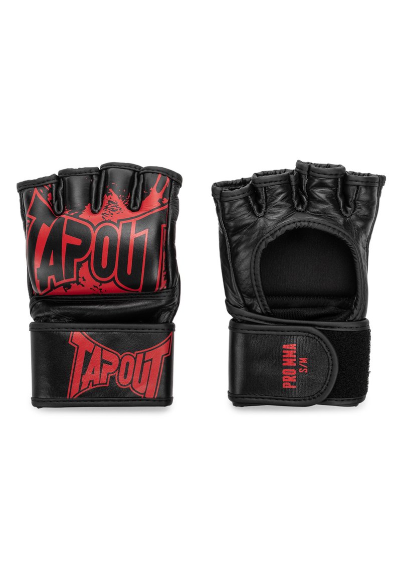 Melni ādas treniņu cimdi ar atvērtajiem pirkstiem, ar sarkano "TAPOUT" logo un Velcro aprocēm. Strukturēta virsma labākai satveršanai.