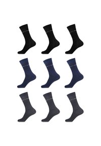 Ensemble de 10 chaussettes en trois couleurs : noir, bleu foncé et gris. Chacune a un poignet côtelé et un logo subtil sur le côté. Matériau doux et texturé.