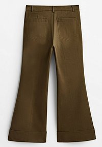 Brown flared trousers with a smooth texture, featuring two back pockets and a folded hem. The waistband includes technical detailing.