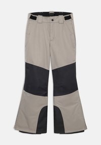 Grå og svarte skibukser med en utsvinget design, justerbar midje, flere lommer og glidelås ved nederste benåpning.