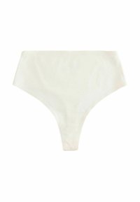 Bijela tangica visoki struk, izrađena od glatkog materijala, s minimalistikim dizajnom bez vidljivih uzoraka ili dodataka.