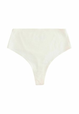 Witte hoge taille thong bikini broek, gemaakt van een zachte stof, met een minimalistisch ontwerp zonder zichtbare patronen of hardware.