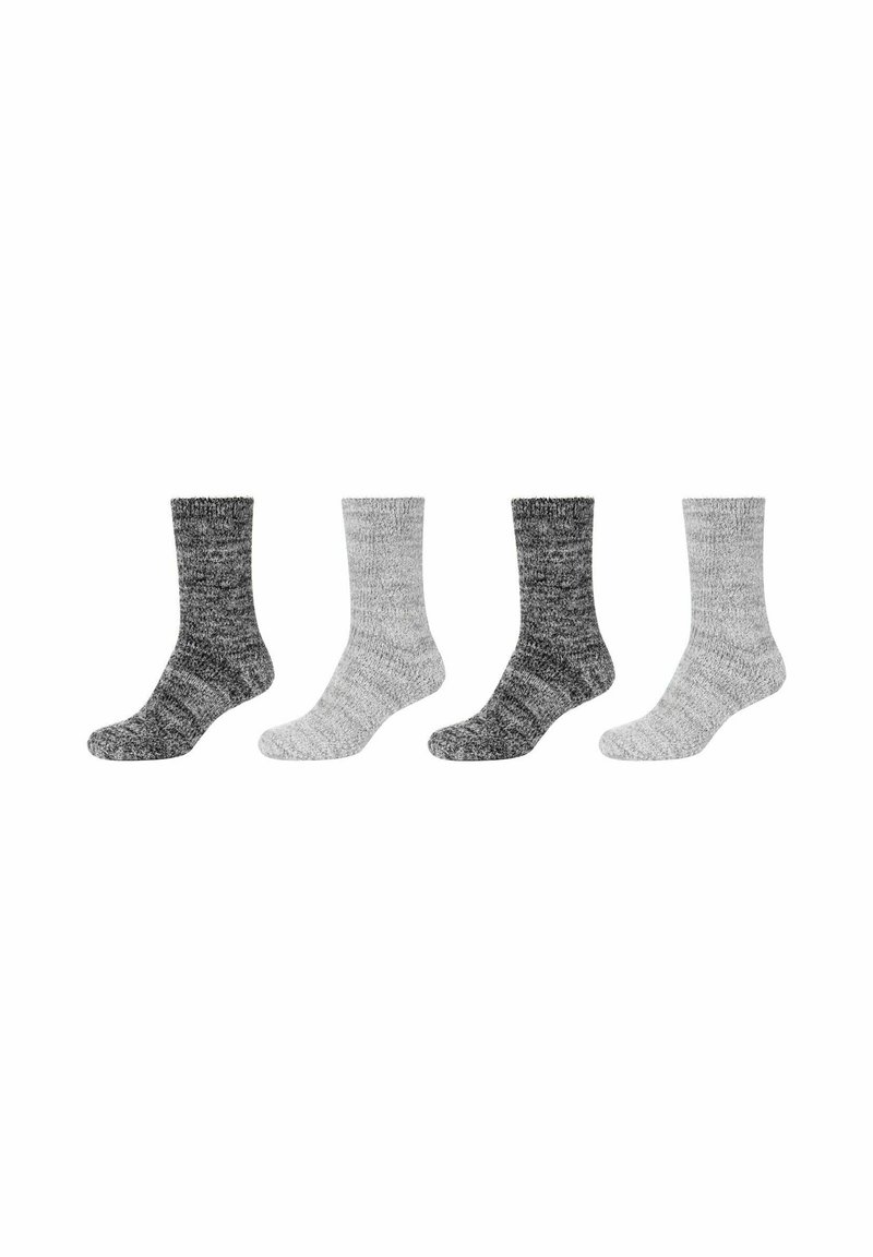 Vier Paar Crew-Socken: zwei dunkelgraue mit einem melierten Muster und zwei hellgraue. Jedes Paar hat einen gerippten Bund und ein strukturiertes Material.