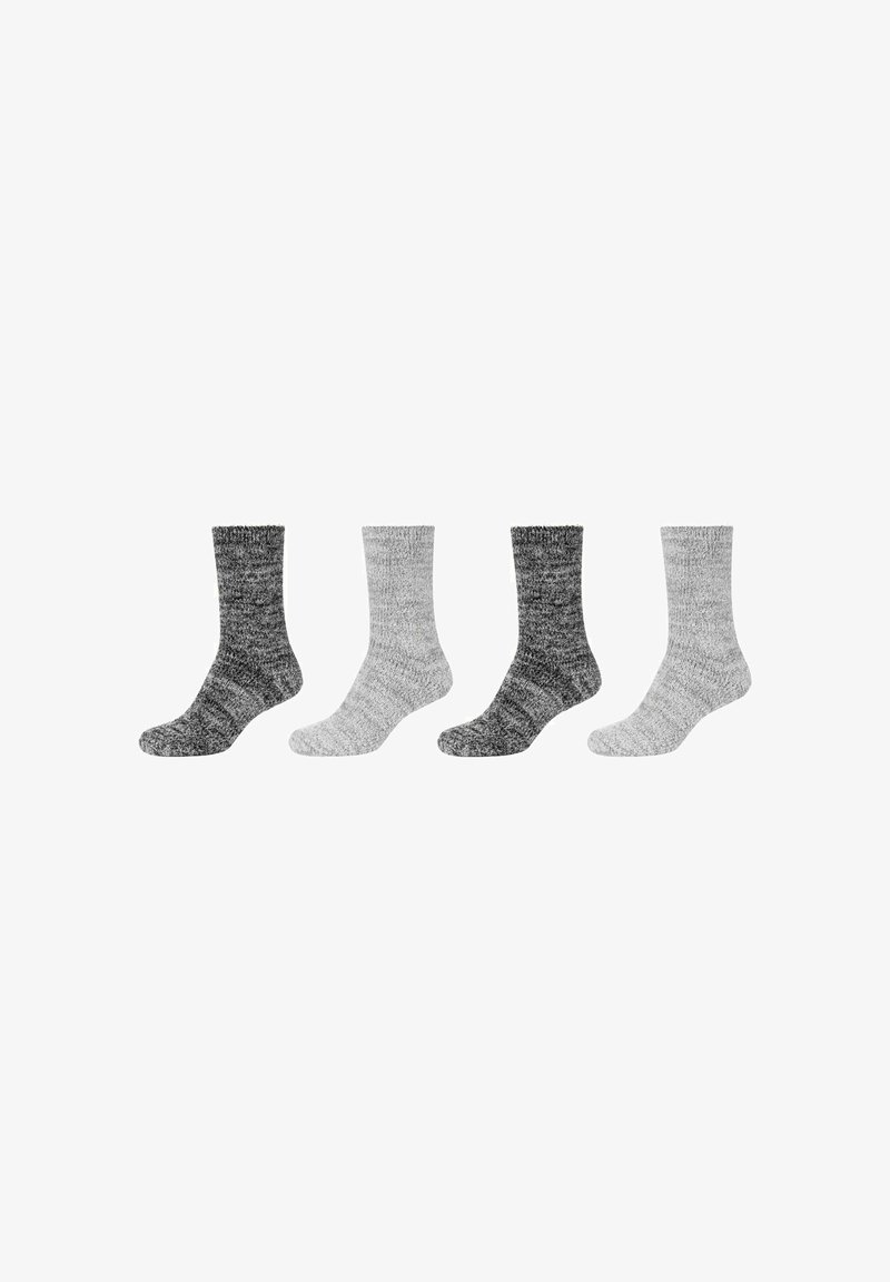 Vier Paar Crew-Socken: zwei dunkelgraue mit einem melierten Muster und zwei hellgraue. Jedes Paar hat einen gerippten Bund und ein strukturiertes Material.