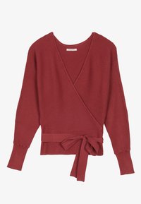 Maglione avvolgente a coste di colore ruggine, con maniche lunghe e una cintura annodata in vita, caratterizzato da scollo a V e polsini a coste.