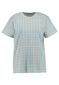 Krótki rękaw, bluzka w jasnoniebieskim kolorze, z wzorem w kratkę w ciemnoniebieskim i pomarańczowym. Okrągły dekolt, luźny krój. Materiał z mieszanki bawełny.