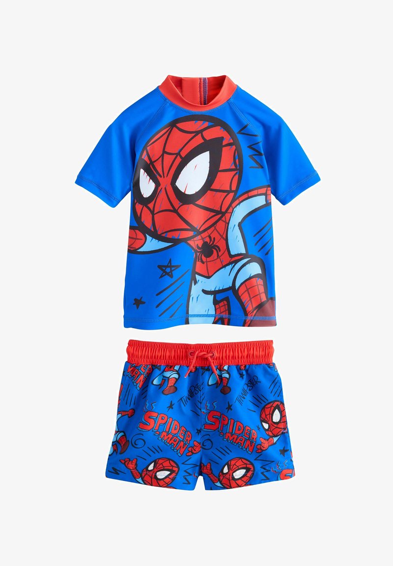 Kinder blau-rotes Spider-Man-Badebekleidungsset mit kurzen Ärmeln und passenden Shorts mit Comic-Stil Spider-Man-Grafiken.