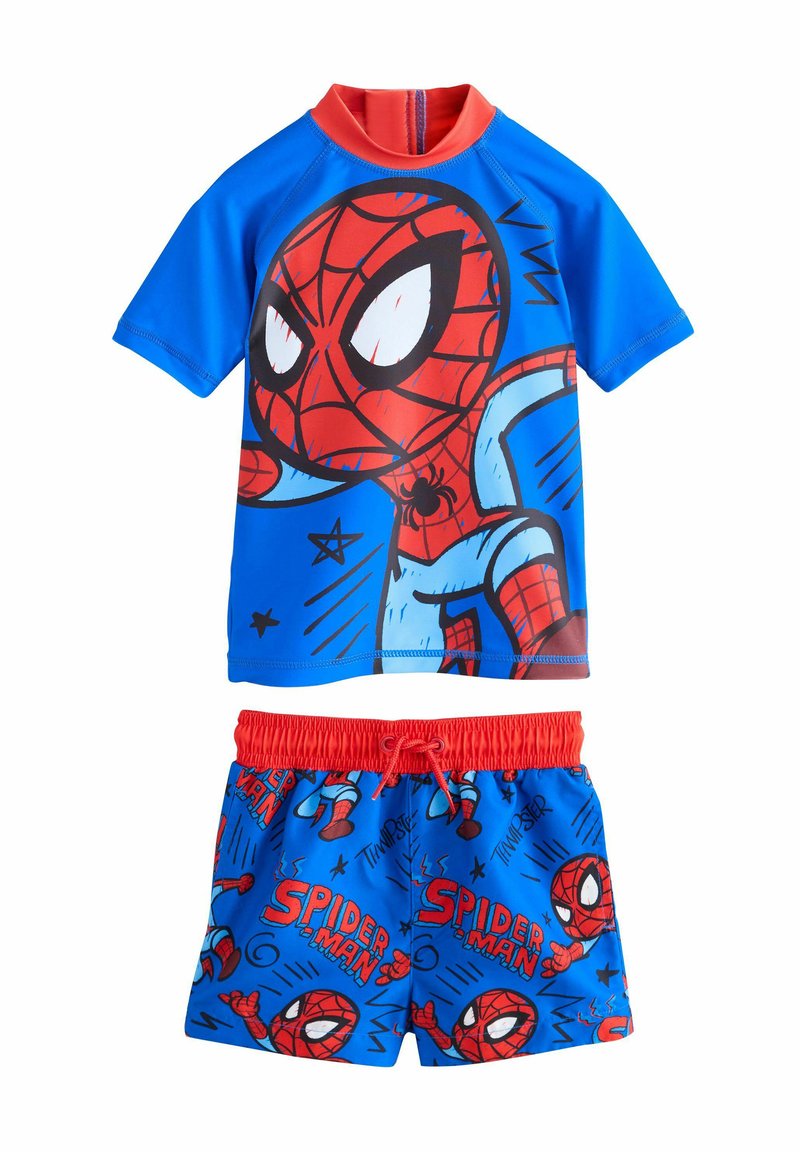 Poikien kaksiosainen uimapukusetti, jossa on kirkkaan sininen lyhythihainen paita, jossa on Spider-Man -grafiikka, ja vastaavat siniset uimaportsarit, joissa on Spider-Man -kuvio.