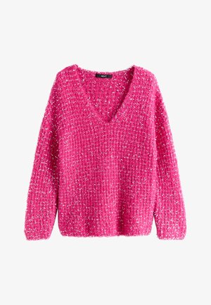 Roosa kohev V-kaelusega kampsun, mis on valmistatud tekstuurse lõnga ja metalliliste hõbedaste niitidega, pikkade varrukate ja lõdva istuvusega.