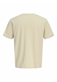 Μπεζ βαμβακερό κοντομάνικο μπλουζάκι, εμφανιζόμενο από πίσω, με στρογγυλή λαιμόκοψη και απλό σχέδιο.