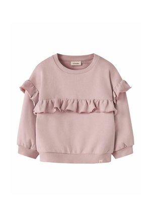 Sweat-shirt rose clair à manches longues pour tout-petit, col rond, avec un détail volanté sur la poitrine et les manches, poignets et ourlet côtelés.
