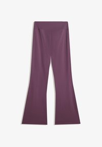 Lila, bővülő leggings sima, rugalmas anyagból, széles derekkal rendelkezik, letisztult dizájnnal, amely nem tartalmaz további mintákat vagy díszítéseket.