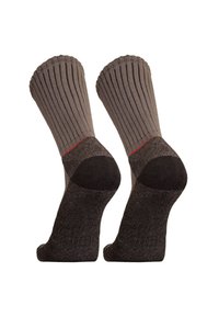 Grey ribbed socks with red accents, featuring a darker heel and toe. Made of a textured knit material for durability and comfort.