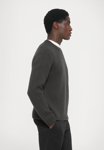 Dark gray knitted sweater with a crew neckline, long sleeves, and ribbed cuffs. Worn over a white shirt, featuring a relaxed fit.