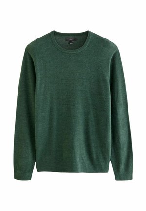 Pulover verde din tricot cu mâneci lungi și guler rotund. Textură moale cu un finisaj solid. Ușor ajustat la talie. Eticheta vizibilă la guler.