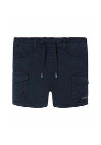Pantaloni corti blu navy con vita regolabile, due tasche laterali e una tasca cargo. Realizzati in tessuto leggero con superficie liscia.