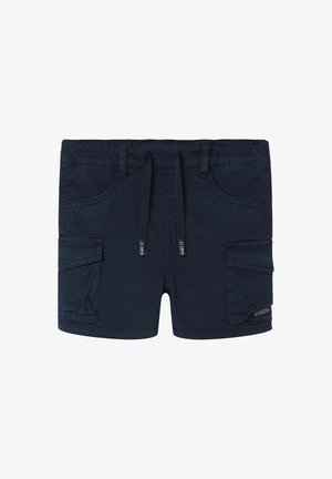 Marineblå shorts med snøring i midjen, to sidelommer og en cargo-lomme. Laget av lett stoff med glatt tekstur.
