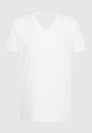 Hvid V-hals T-shirt lavet af blød bomuld. Har kortærmer og en regular fit. Glat tekstur uden mønstre eller accenter.