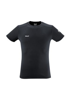 Black short-sleeve Millet brand athletic T-shirt with crew neck and white logo on chest and sleeve, shown on white background.