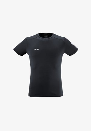 Black short-sleeve Millet brand athletic T-shirt with crew neck and white logo on chest and sleeve, shown on white background.
