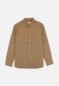 Chemise brune à manches longues en coton, avec un devant à boutons, un col pointu et un logo brodé sur la poitrine.