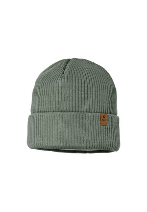 Green ribbed knit beanie with folded cuff and small brown leather tag on side.