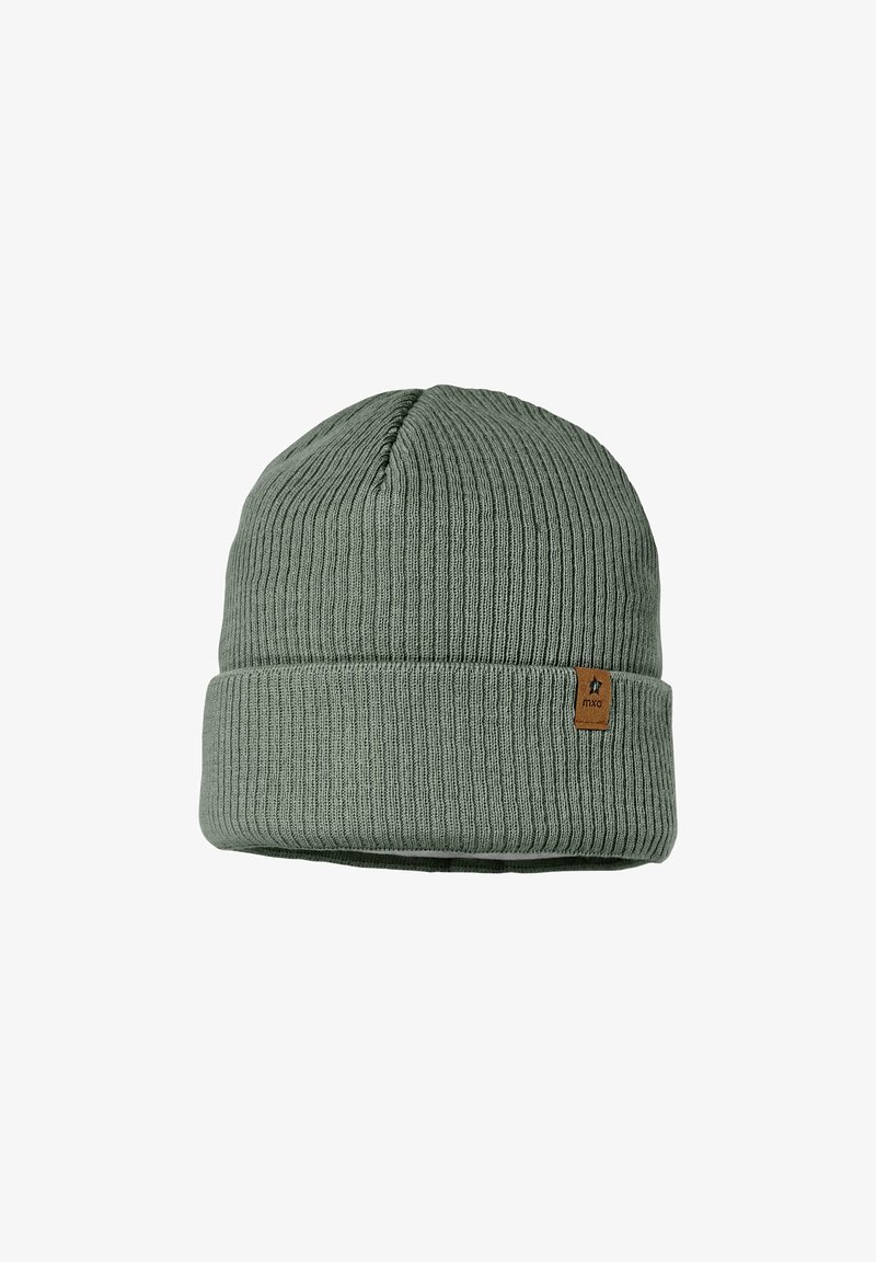 Green ribbed knit beanie with folded cuff and small brown leather tag on side.