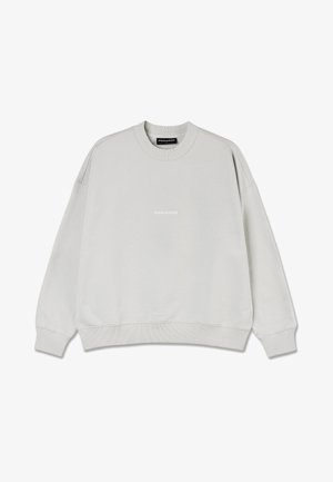 Lichtgrijze sweatshirt met een ronde hals, verlaagde schouders, ribbelboorden en een ribbelzoom. Bevat een wit tekstlogo op de borst. Zachte stoftextuur.