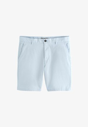 Helesinised meeste lühikesed püksid vööaasade, ees oleva nööbi, tõmbluku ja küljetaskutega valgel taustal.