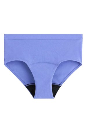 Dameundertøj i lyse lilla bomuld med hipstermodel og sort kilepanel for ekstra komfort og dækning.