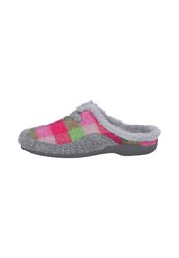 Zapatilla gris de tipo slip-on con un patrón a cuadros en rosa, verde y rojo, que cuenta con un cuello esponjoso y un upper de textura suave. Suela de goma flexible.