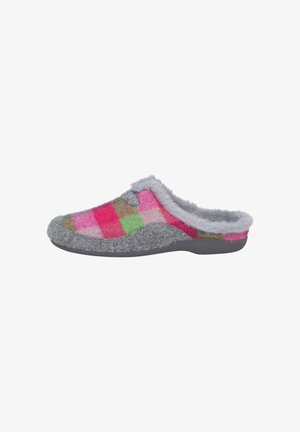Zapatilla gris de tipo slip-on con un patrón a cuadros en rosa, verde y rojo, que cuenta con un cuello esponjoso y un upper de textura suave. Suela de goma flexible.