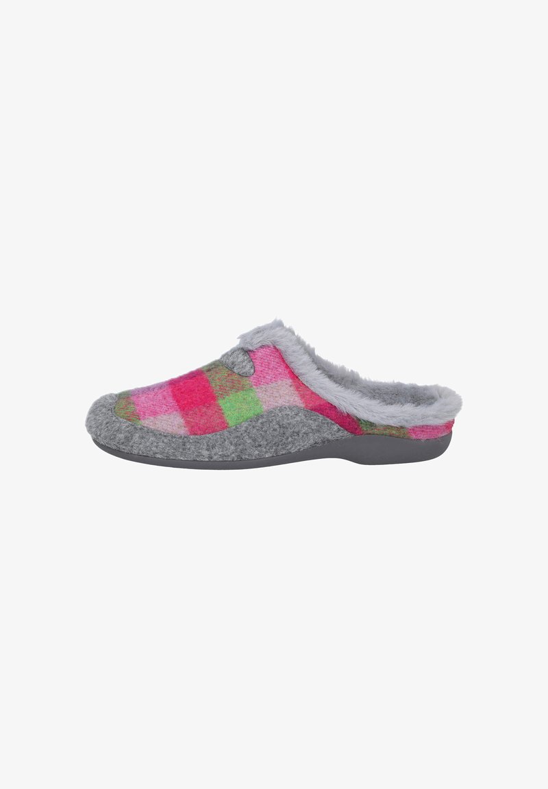 Zapatilla gris de tipo slip-on con un patrón a cuadros en rosa, verde y rojo, que cuenta con un cuello esponjoso y un upper de textura suave. Suela de goma flexible.