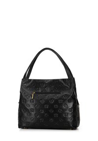 Sac à main en cuir noir avec motif en relief, doté d'une fermeture zippée supérieure et d'une petite poche zippée à l'avant. Double anses pour le porter.